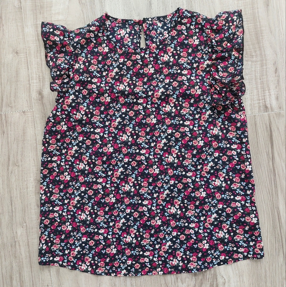 Navy Floral Top with Ruffle Detail